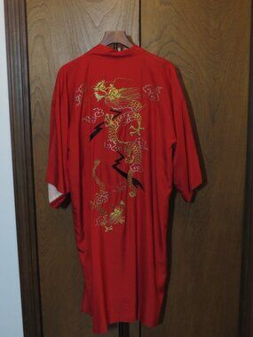 Vintage Japanese Silk Kimono Robe with Full Length Dragon Embroidery Gold Thread